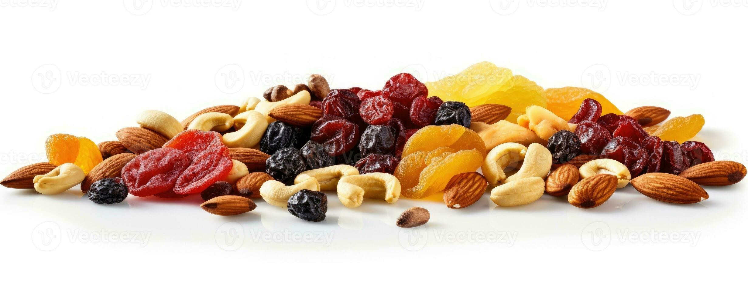 Footer of mix dry fruit on white background, AI Generated photo