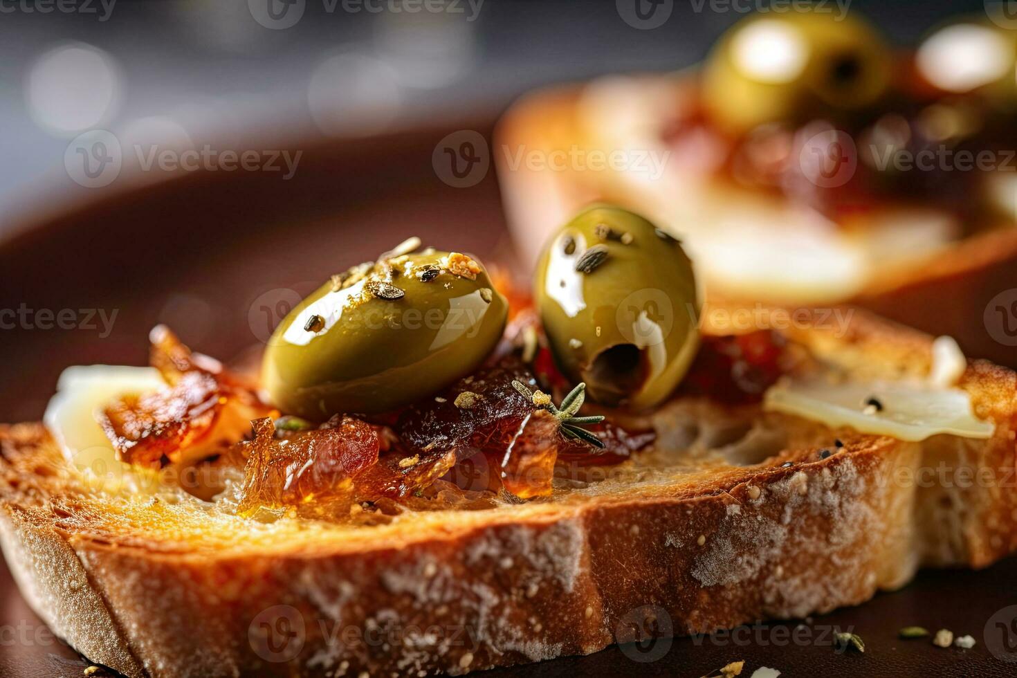 Olives toast, macro shot of a fresh breakfast, AI Generated photo