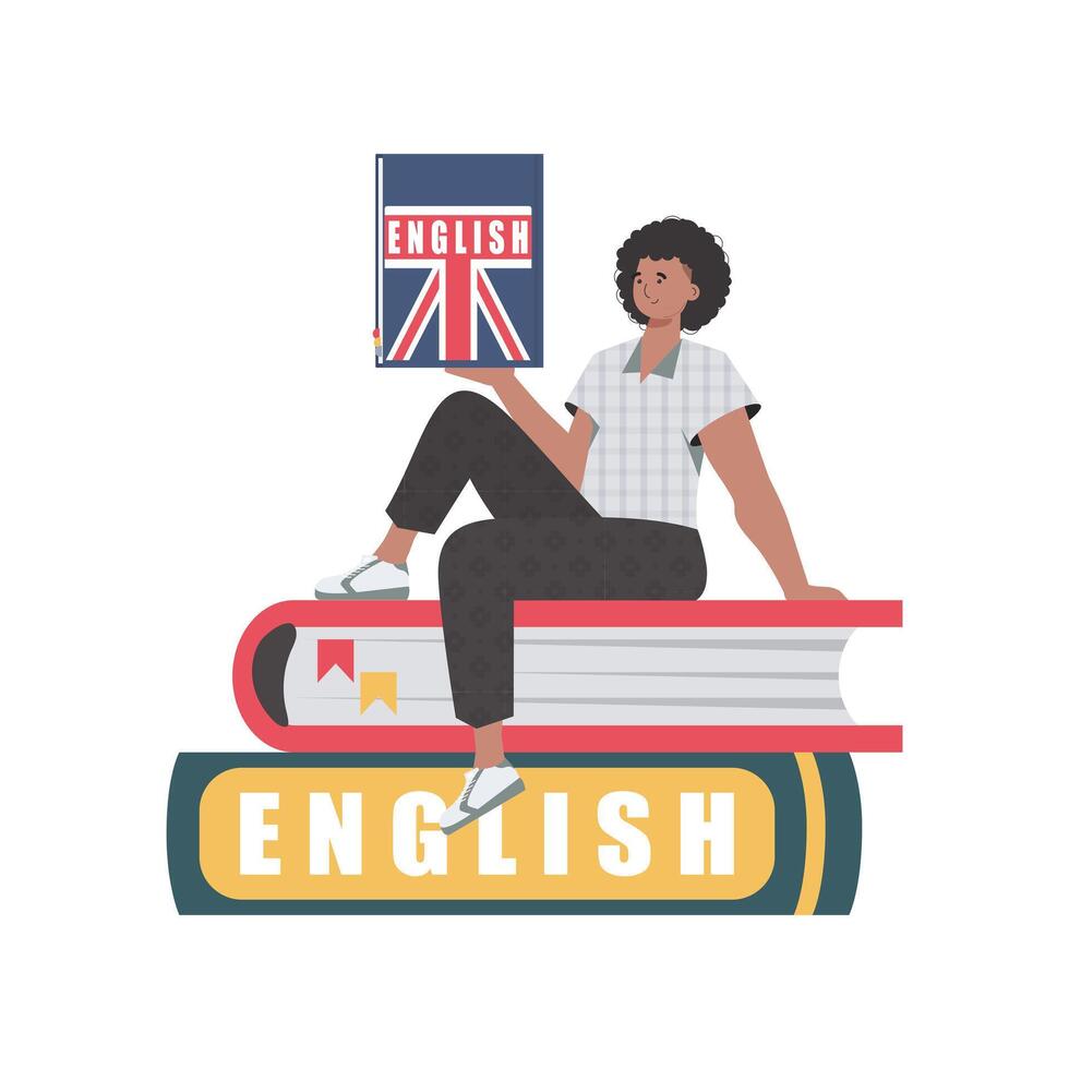 A man sits on books and holds an English dictionary in his hands. The concept of learning English. Isolated. Flat modern style. Vector illustration.