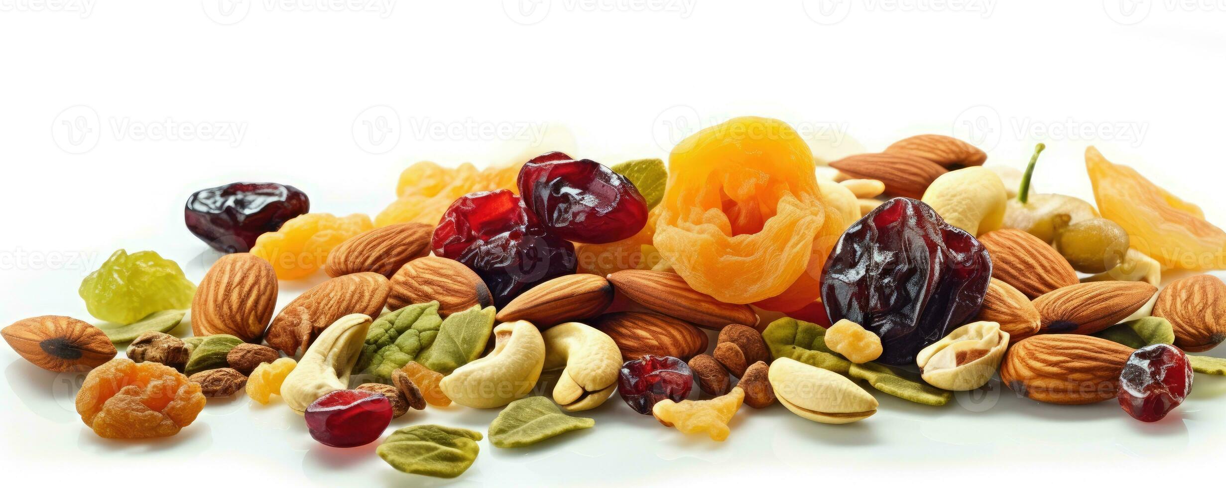 Footer of mix dry fruit on white background, AI Generated photo