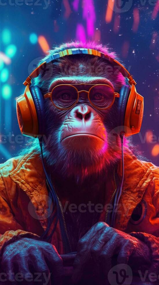 Monkey in style of nothing see nothing hear nothing speak wearing headphones listening rap, gangsta AI Generated photo