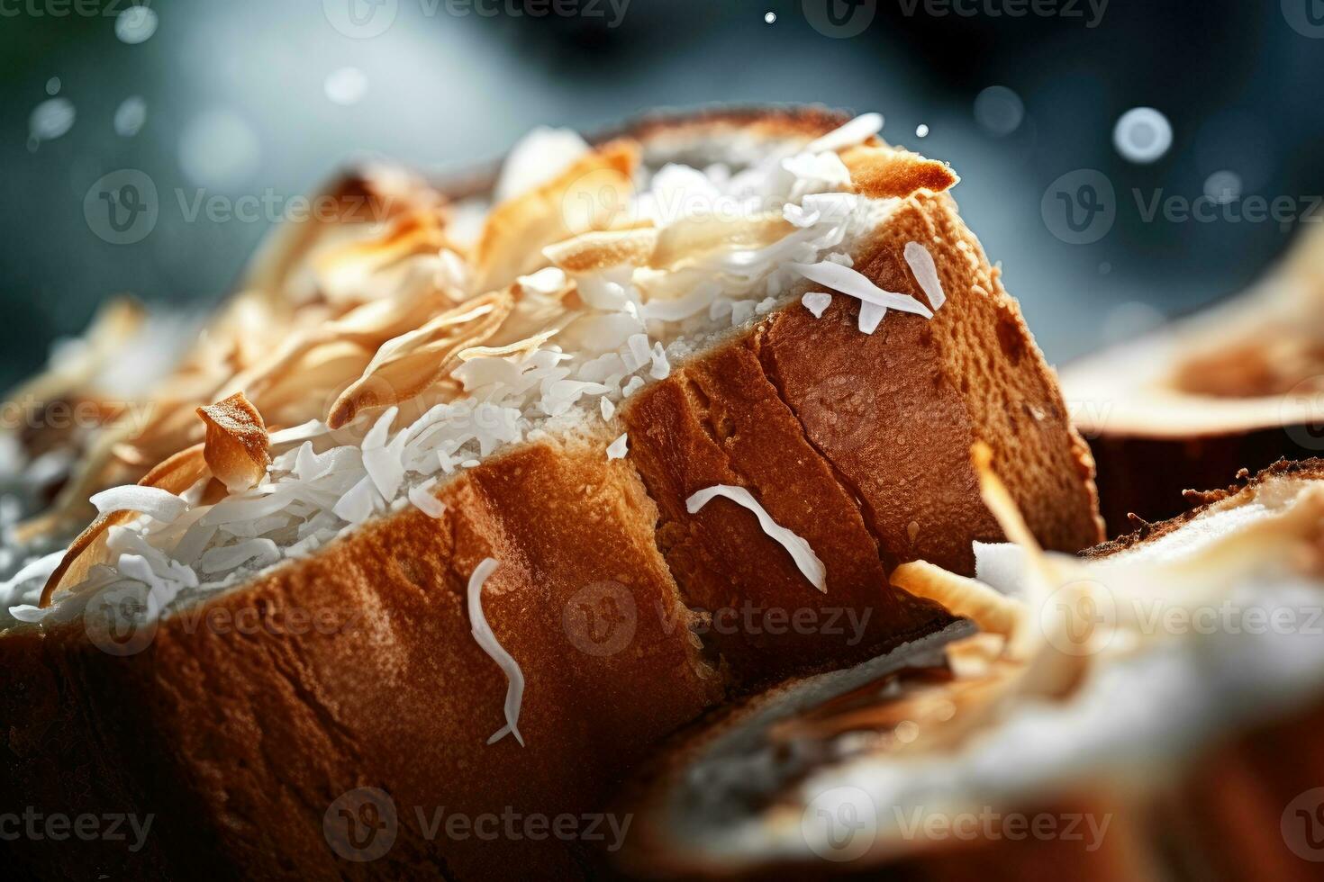 Coconut toast, macro shot of a fresh breakfast with Dripping Honey, AI Generated photo