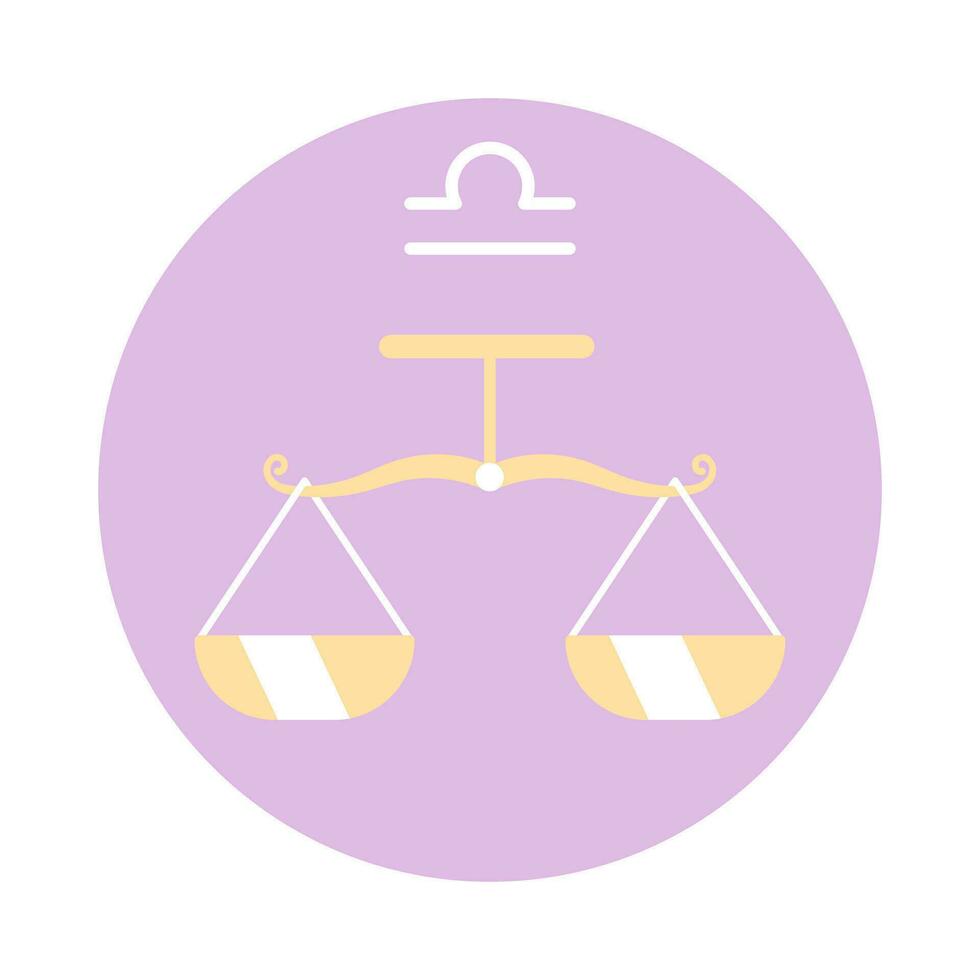 Golden scales flat round vector spot illustration. Libra zodiac sign. Horoscope 2D cartoon object on white for web UI design. Astrology isolated editable creative hero image