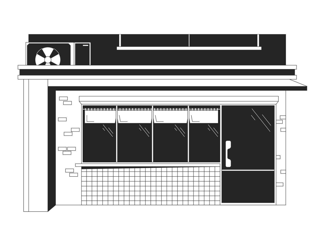 80s exterior shop door flat monochrome isolated vector object. Retro store decor. Boutique facade. Editable black and white line art drawing. Simple outline spot illustration for web graphic design