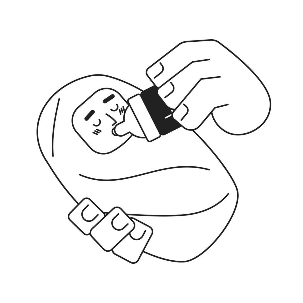 Feeding baby monochromatic flat vector character. Hand holding newborn. Milk bottle. Editable thin line full body person on white. Simple bw cartoon spot image for web graphic design