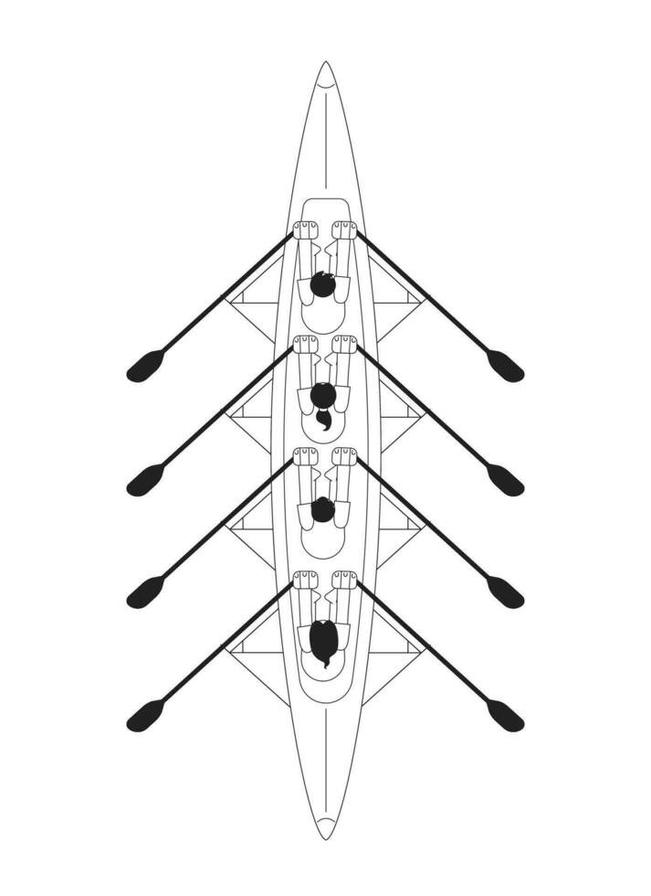 Team kayaking sport monochrome concept vector spot illustration. People rowing in boat top view. Competition 2D flat bw cartoon characters for web UI design. Isolated editable hand drawn hero image