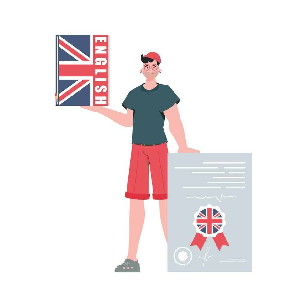 A man holds an English dictionary and a certificate in his hands. The concept of learning English. Isolated. trendy style. Vector illustration.