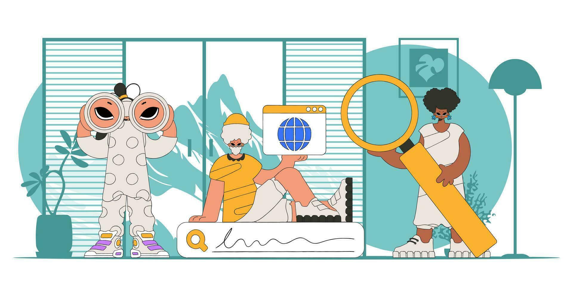 A group of people help find information on the Internet. Bright and stylish illustration, modern style character. vector