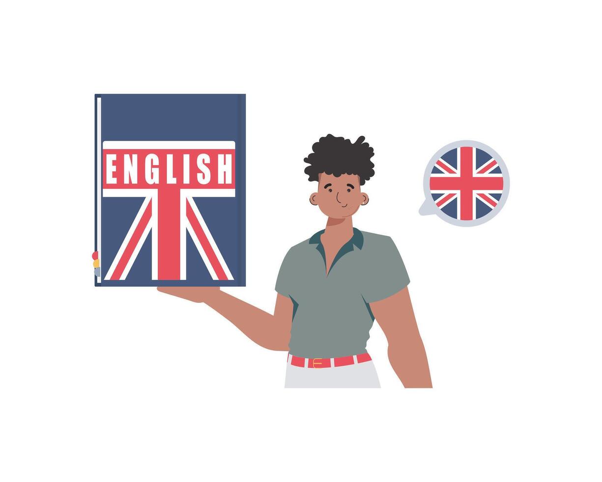 un hombre sostiene un Inglés diccionario en su manos. el concepto de aprendizaje inglés. aislado. de moda plano estilo. vector. vector