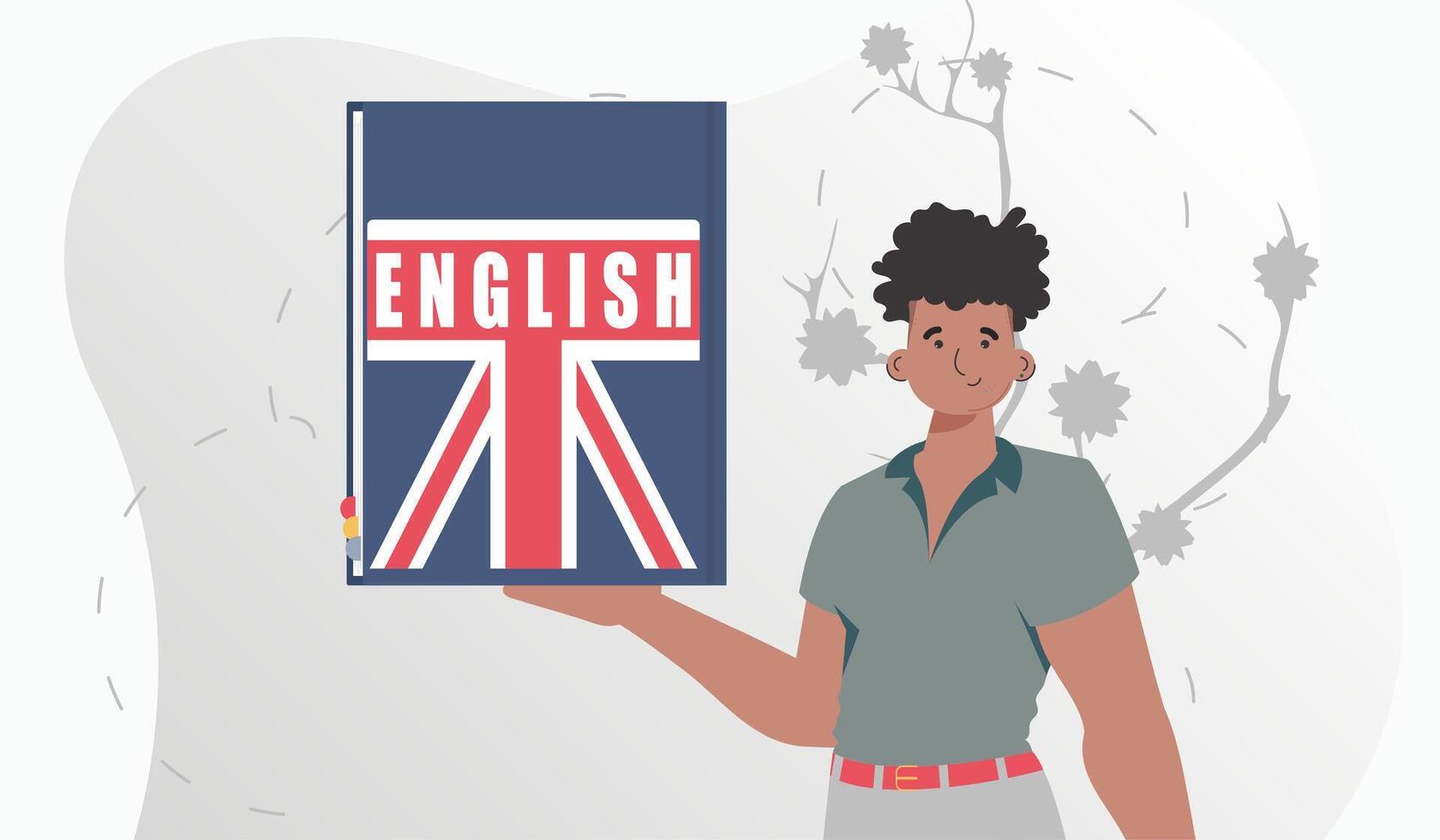 The concept of learning English. A man holds an English dictionary in his hands. trendy style. . vector