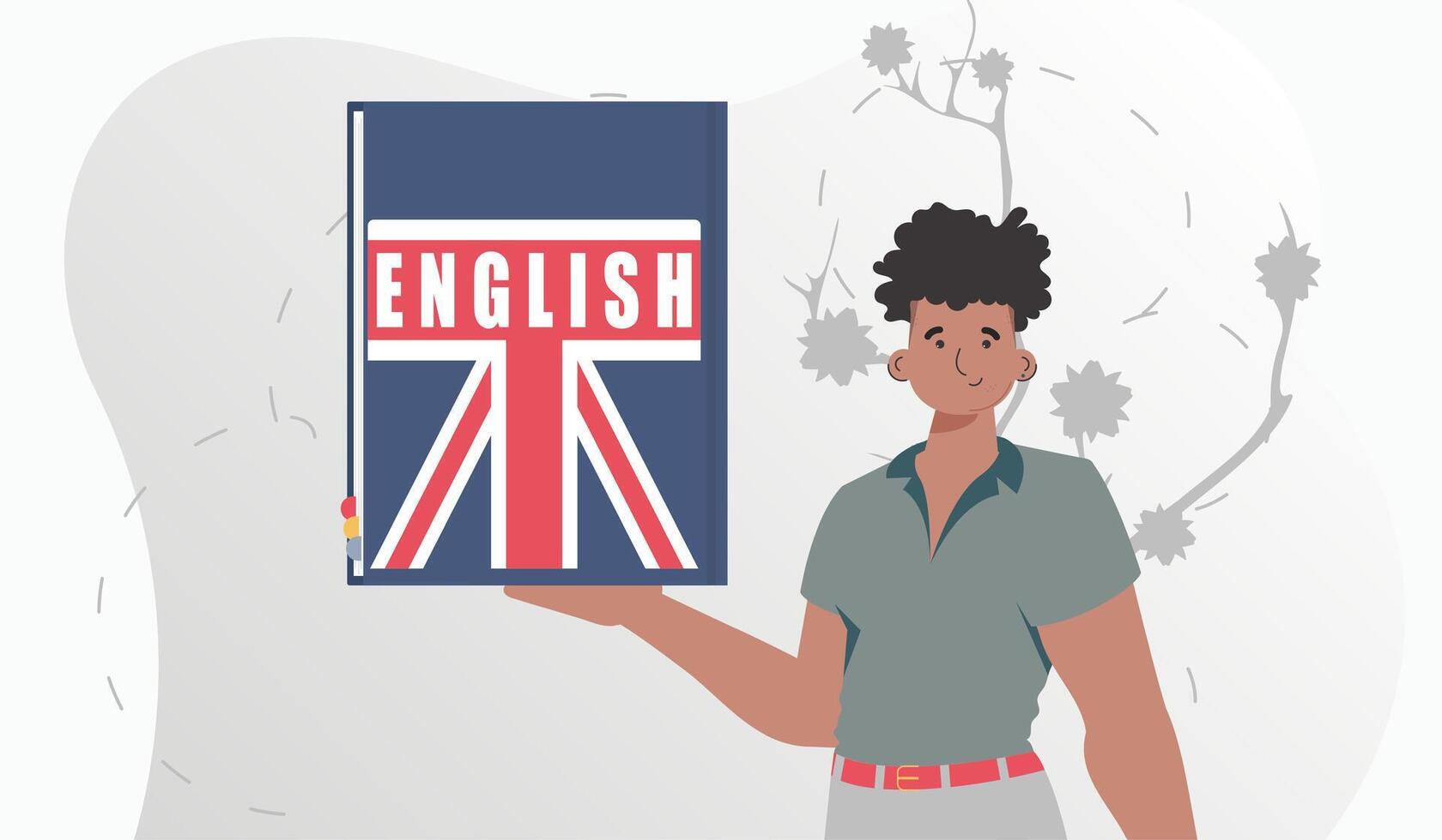 el concepto de aprendizaje inglés. un hombre sostiene un Inglés diccionario en su manos. de moda estilo. vector. vector