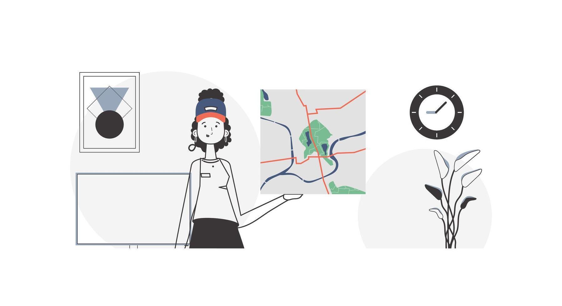 Girl with a map in her hands. Delivery concept. Linear trendy style. vector