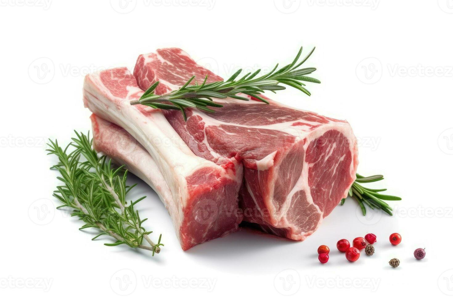 Lamb Ribs meat and herbs isolated on white, Generative AI photo
