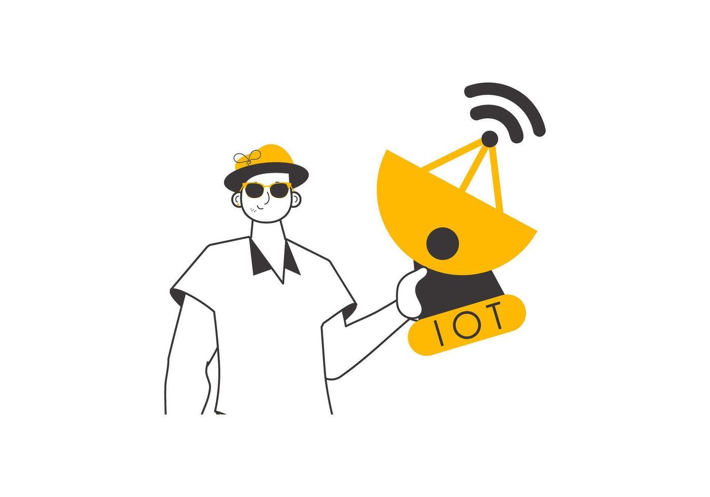 A man holds the IOT logo in his hands. Linear modern style. Isolated. . vector