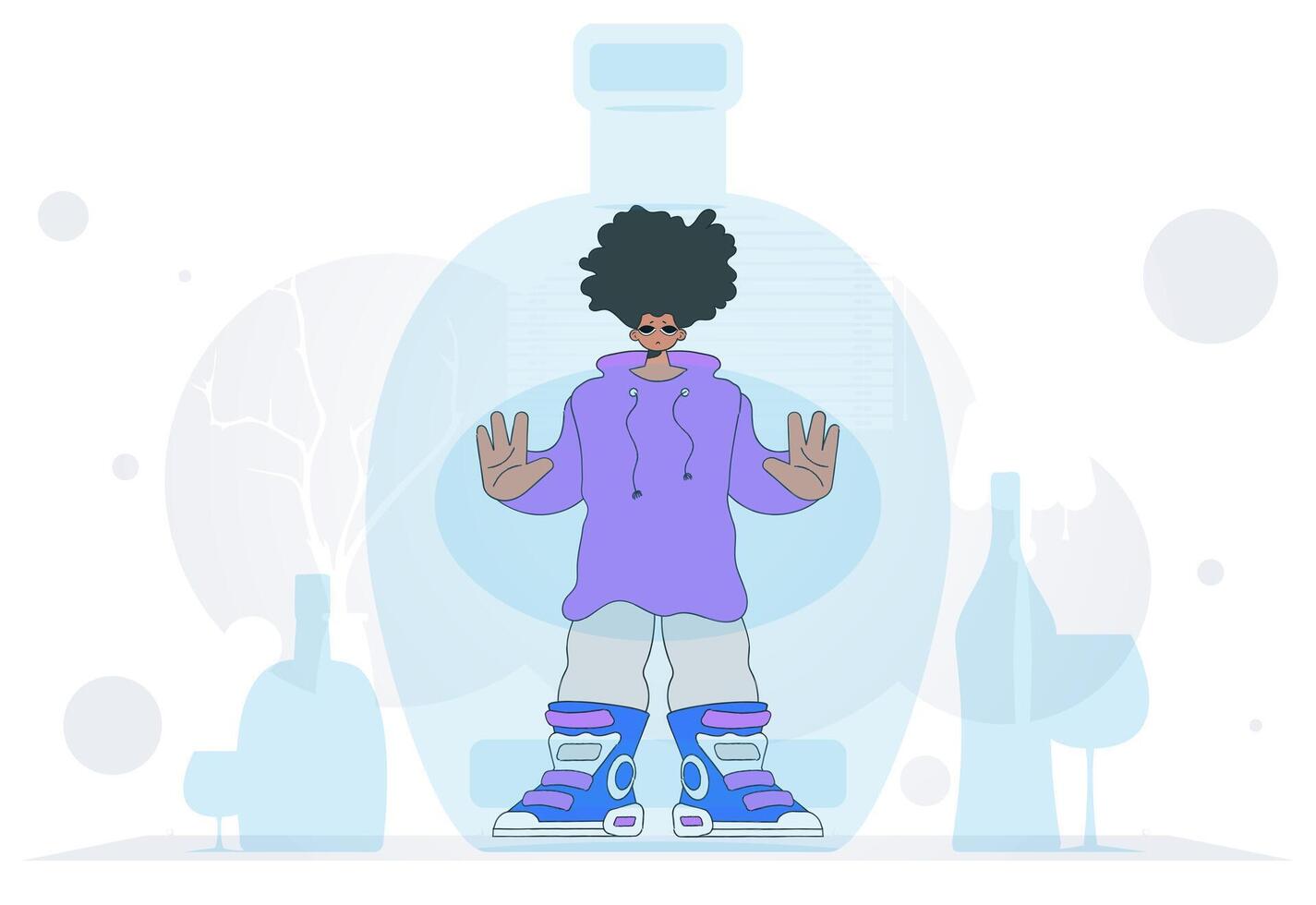 The concept of alcohol addiction. The man is inside the bottle. vector