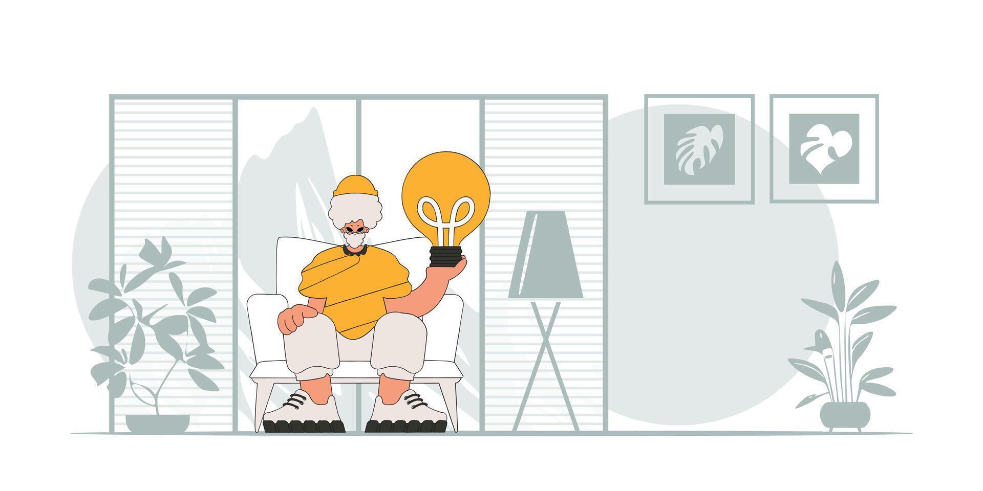A handsome guy is holding a light bulb. Idea concept. trendy character. vector