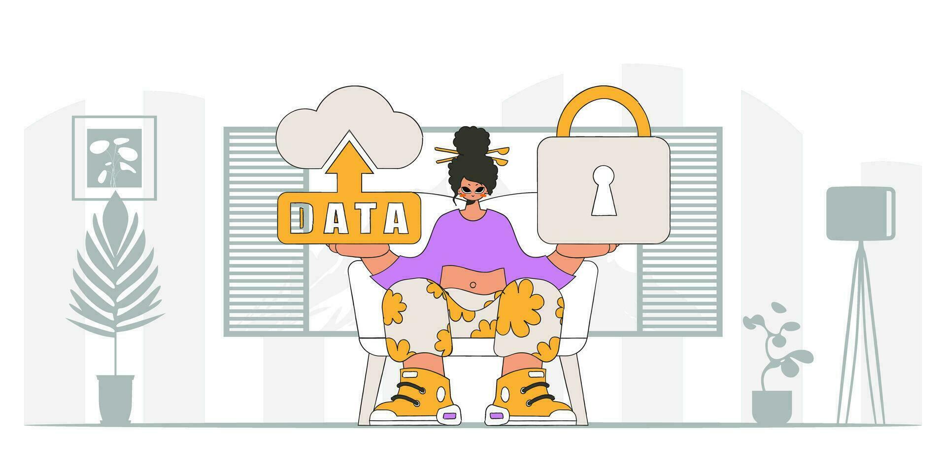 Girl with laptop, digital security padlock, modern vector character style.