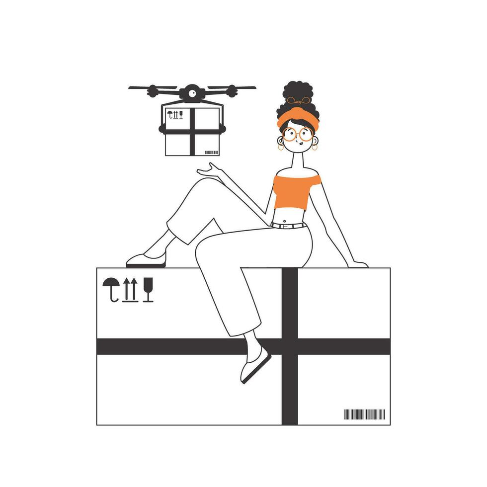The girl sends a parcel with a drone. The concept of cargo delivery by air. Linear modern style. Isolated on white background. Vector illustration.