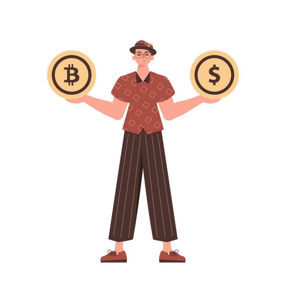 A man holds a bitcoin and a dollar in the form of coins in his hands. Character with a modern style. vector