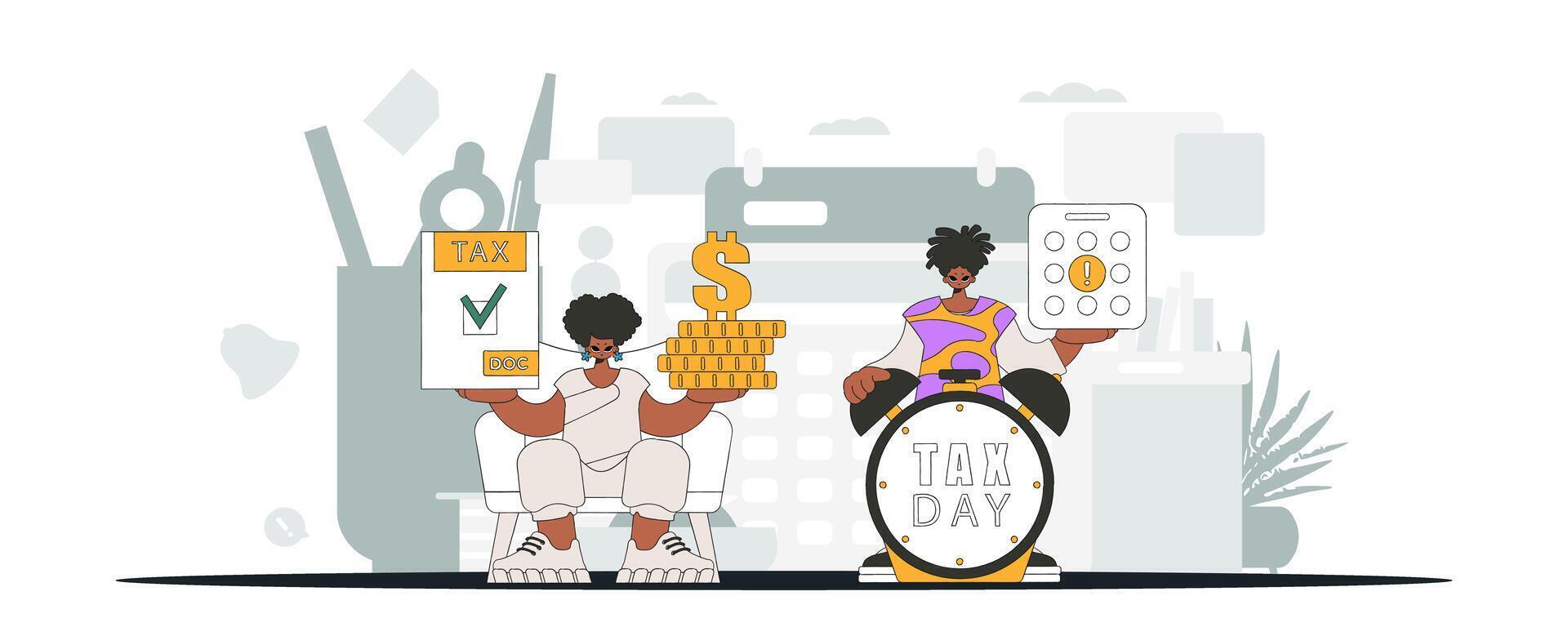 An elegant guy and a girl are engaged in paying taxes. An illustration demonstrating the correct payment of taxes. vector