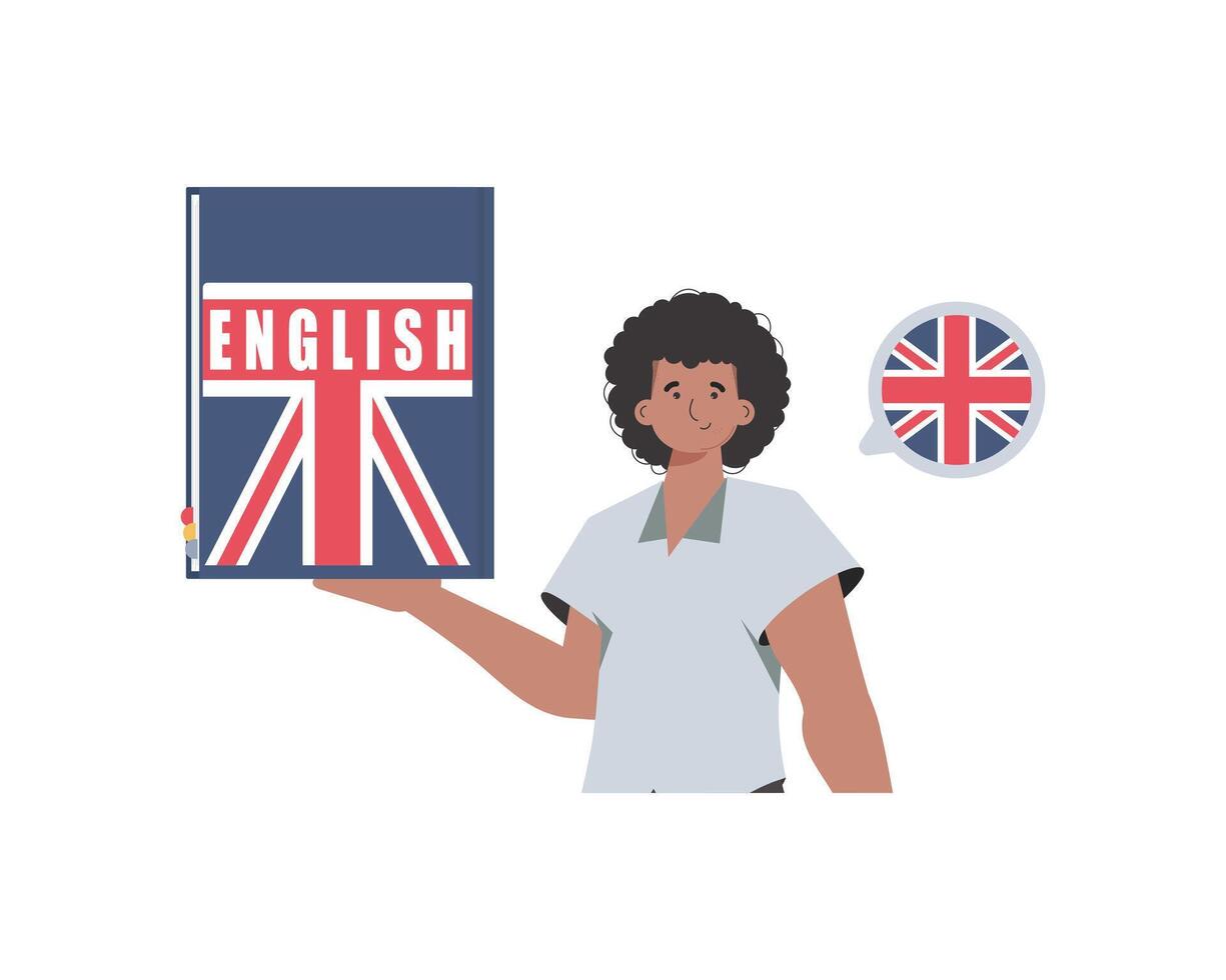 un hombre sostiene un Inglés diccionario en su manos. el concepto de aprendizaje inglés. aislado. de moda plano estilo. vector ilustración.