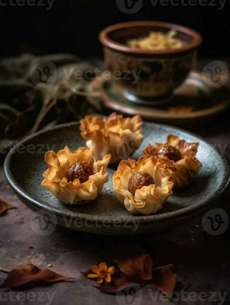 Shui lan fried wonton for chinese kung pao, in the style of flower and nature motifs AI Generated photo