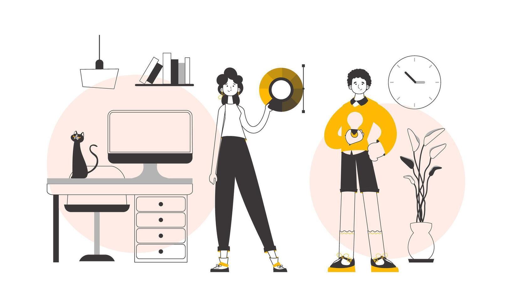Team of graphic designers. Linear style. Vector illustration.