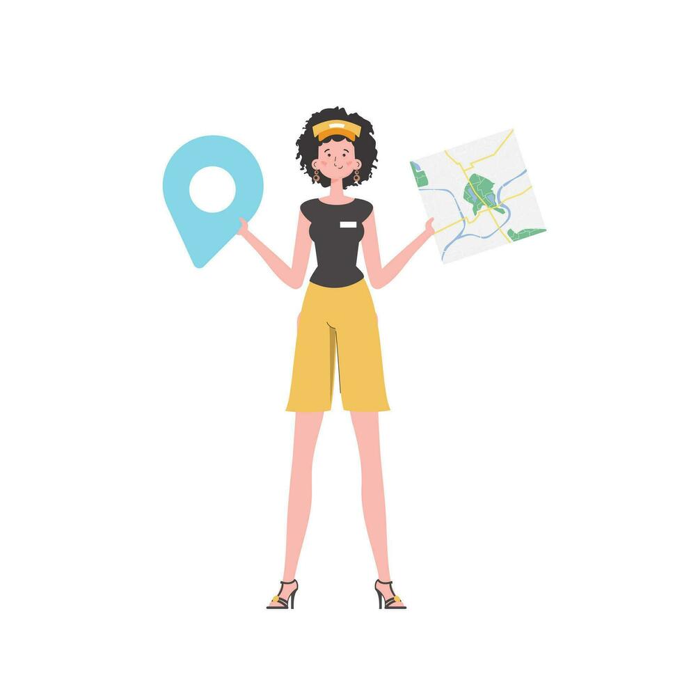 Girl water delivery operator holding a map. The trendy character is depicted in full growth. Isolated. Vector illustration.