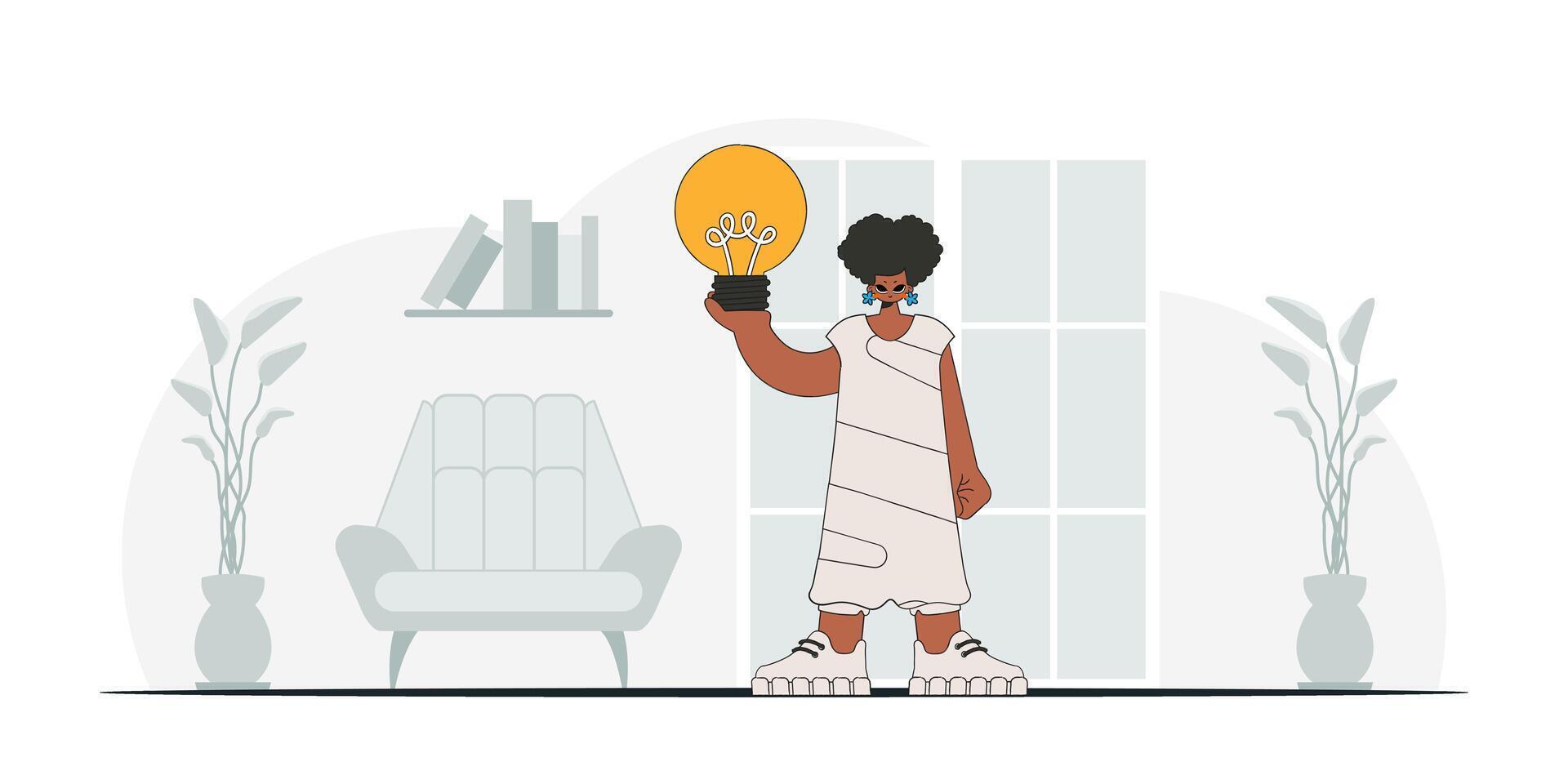 Gorgeous girl holds a light bulb in her hands. Idea concept. trendy character. vector