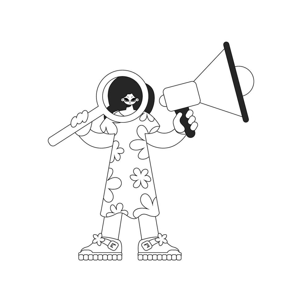 Skilled HR specialist woman holding a megaphone and a magnifying glass in her hands. HR topic. Newspaper black and white style. vector