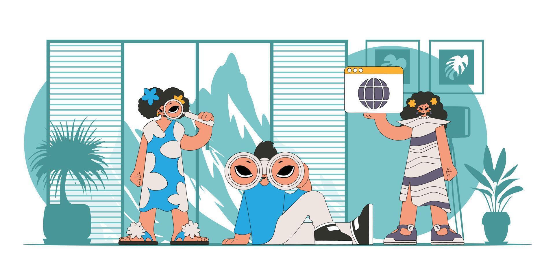 The team helps to find information on the Internet. Bright and stylish illustration, modern style character. vector