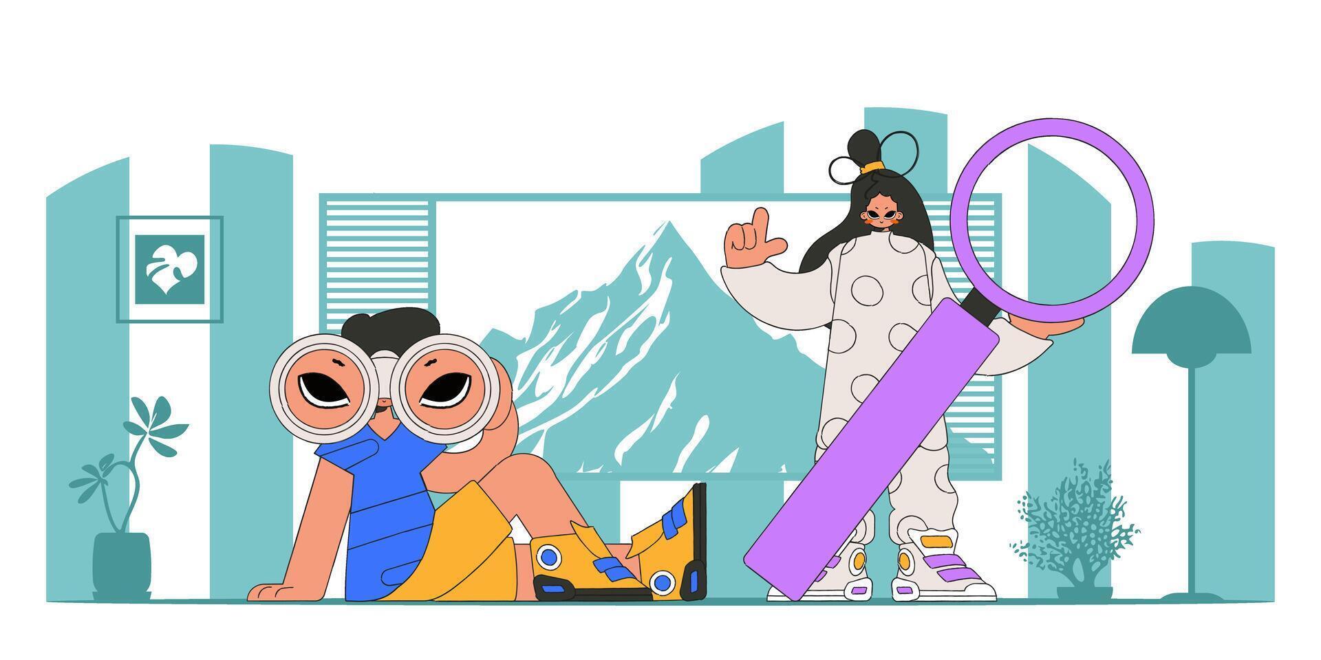 HR theme. Attractive HR team using binoculars and magnifier. vector
