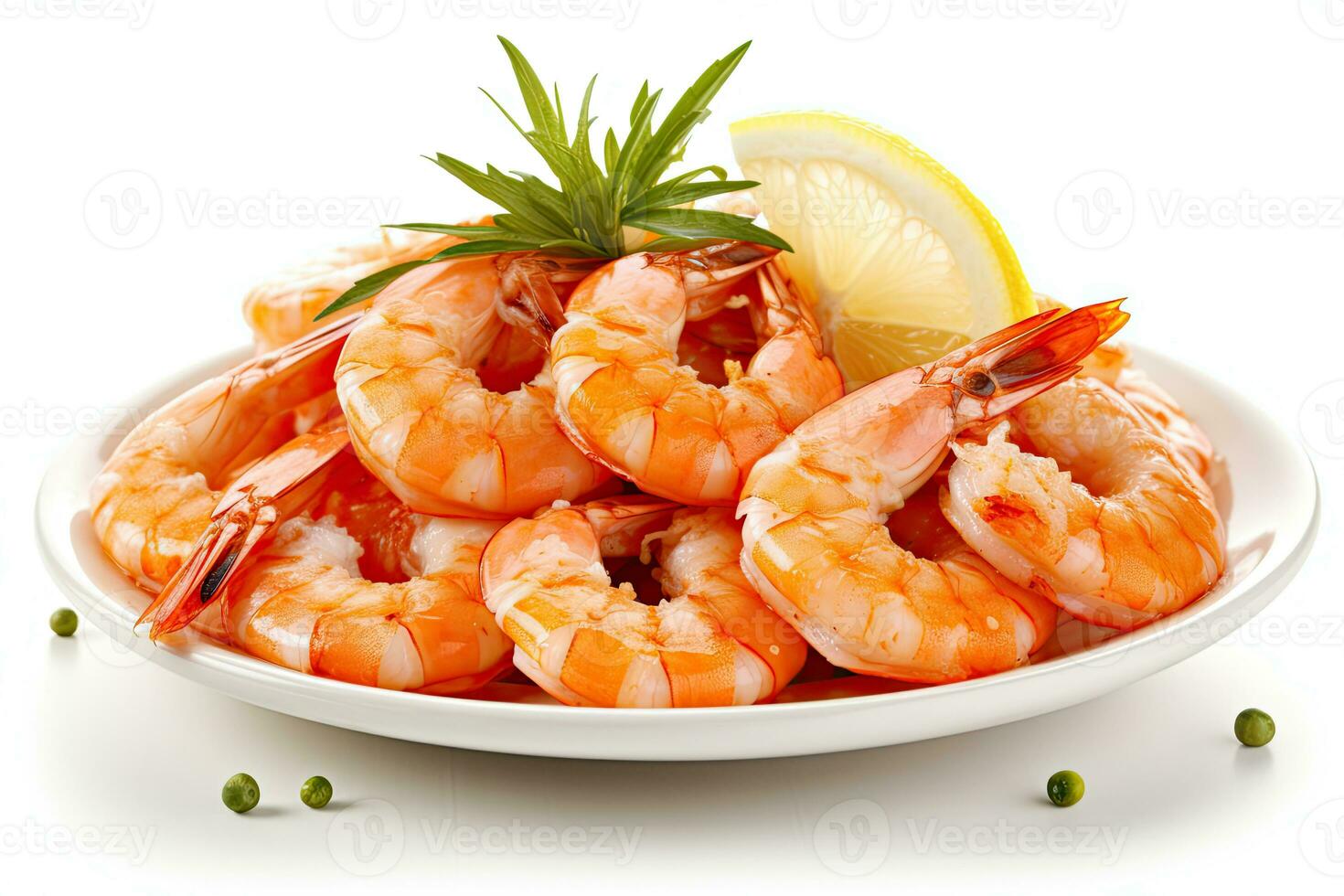 Plate of shrimp with lemon wedges on the side , Generative AI photo