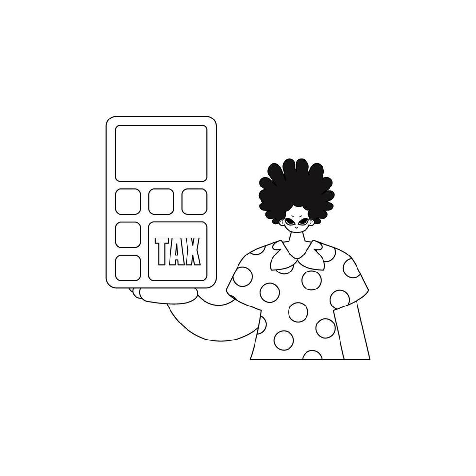 Man grips a calculator. Linear vector drawing.