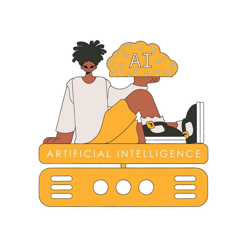 Man grasping an AI brain, art. vector