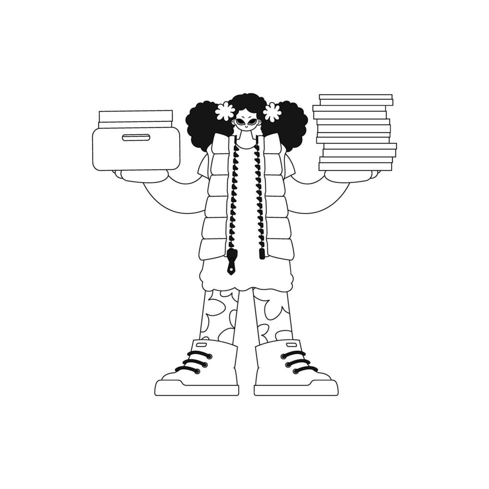 Girl holds stacks of docs. Illustration uses linear vector style.