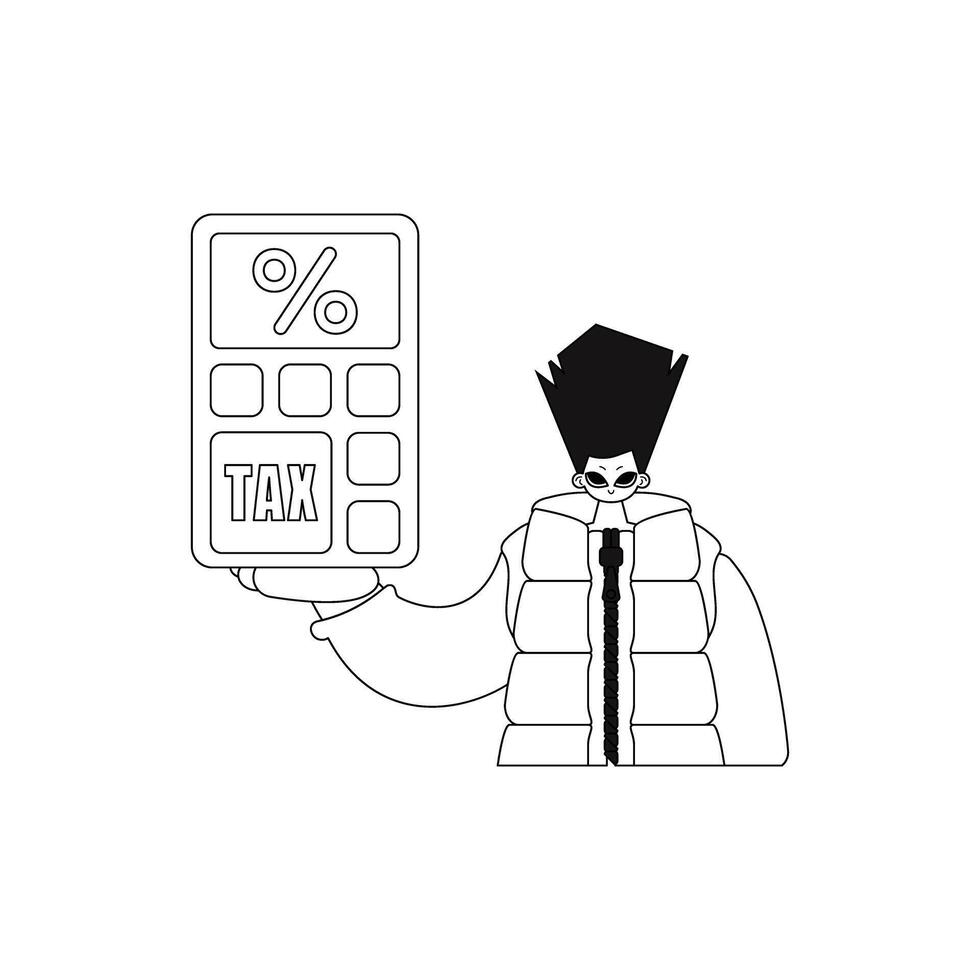 Man holds calculator. Linear style vector illustration.