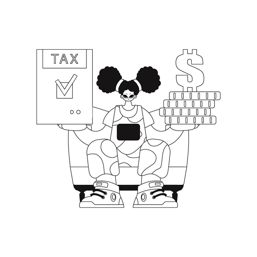 Girl holds tax return and stack of coins in her hands. Illustration in vector format.