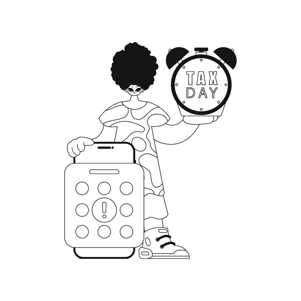 Man with calendar and alarm clock tax day. Straight line illustration. vector