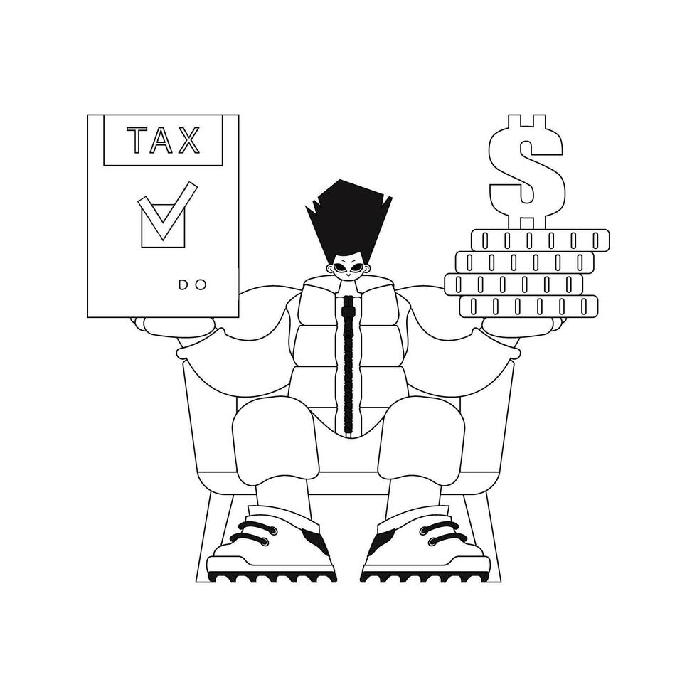 Guy holds tax return and stack of coins in hands. Linear style. Vector illustration.
