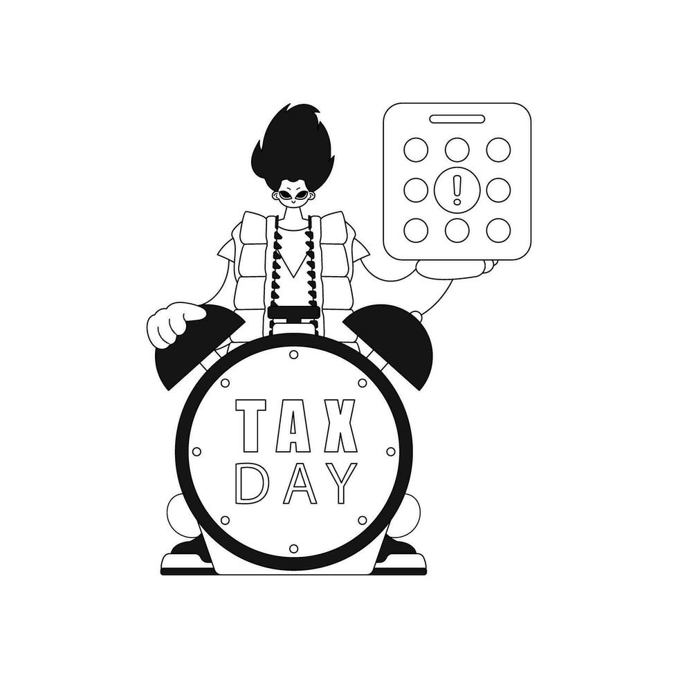 Guy, calendar, alarm clock all pointing to Tax Day. Linear vector illustration.
