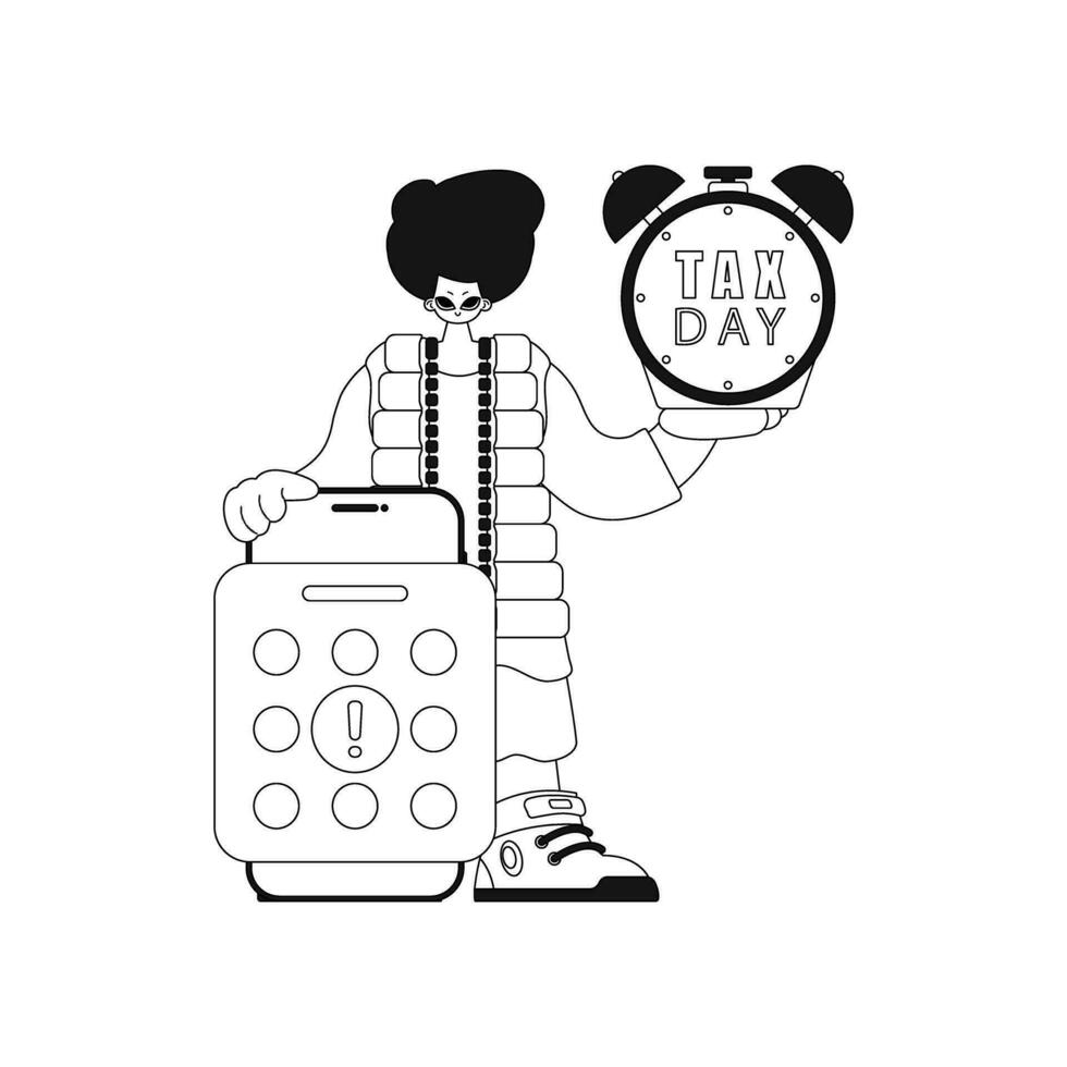 Man with a calendar and alarm clock. it's tax day. Styled with lines as vector art.