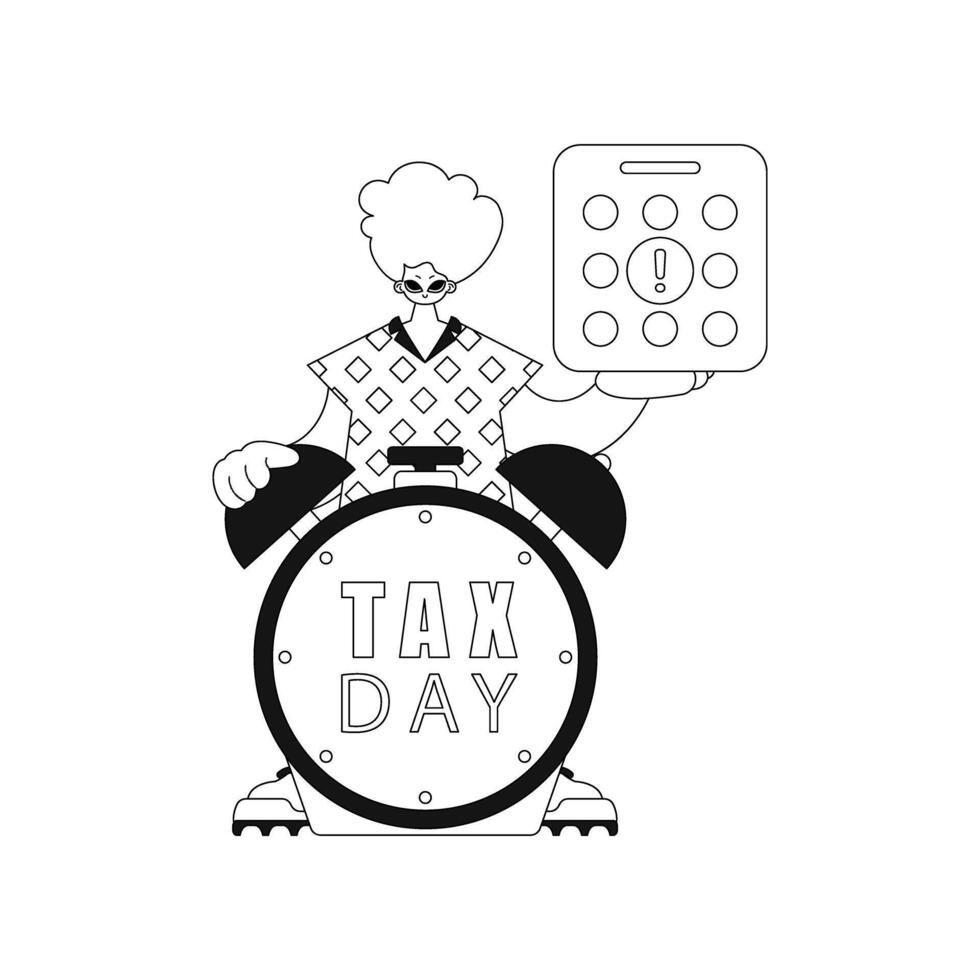 Guy maintaining calendar and alarm clock, alerted of looming tax day. Linear vector style illustration.