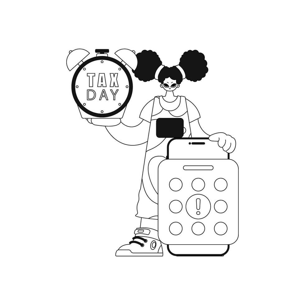 Girl with calendar, alarm clock, and Tax Day deadline. Vector illustration in linear style.