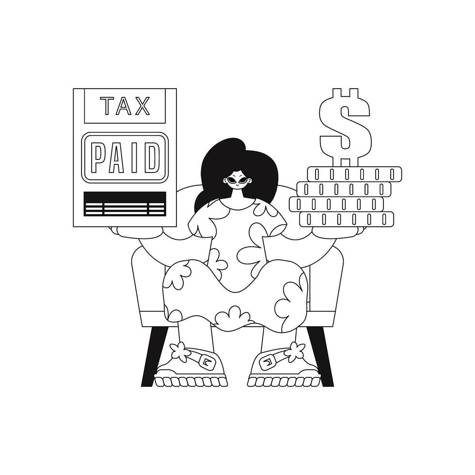 A girl has a tax form and coins in her hands. Drawn in a linear style, the vector illustration depicts the scene.