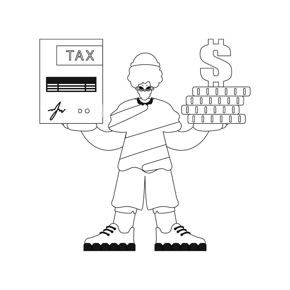 Guy holds tax return and stack of coins in hands. Linear style. illustration. vector