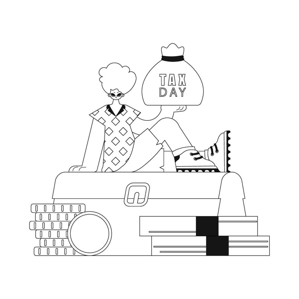 Guy on a pile of cash, bag in hand. Tax due linework vector illustration.