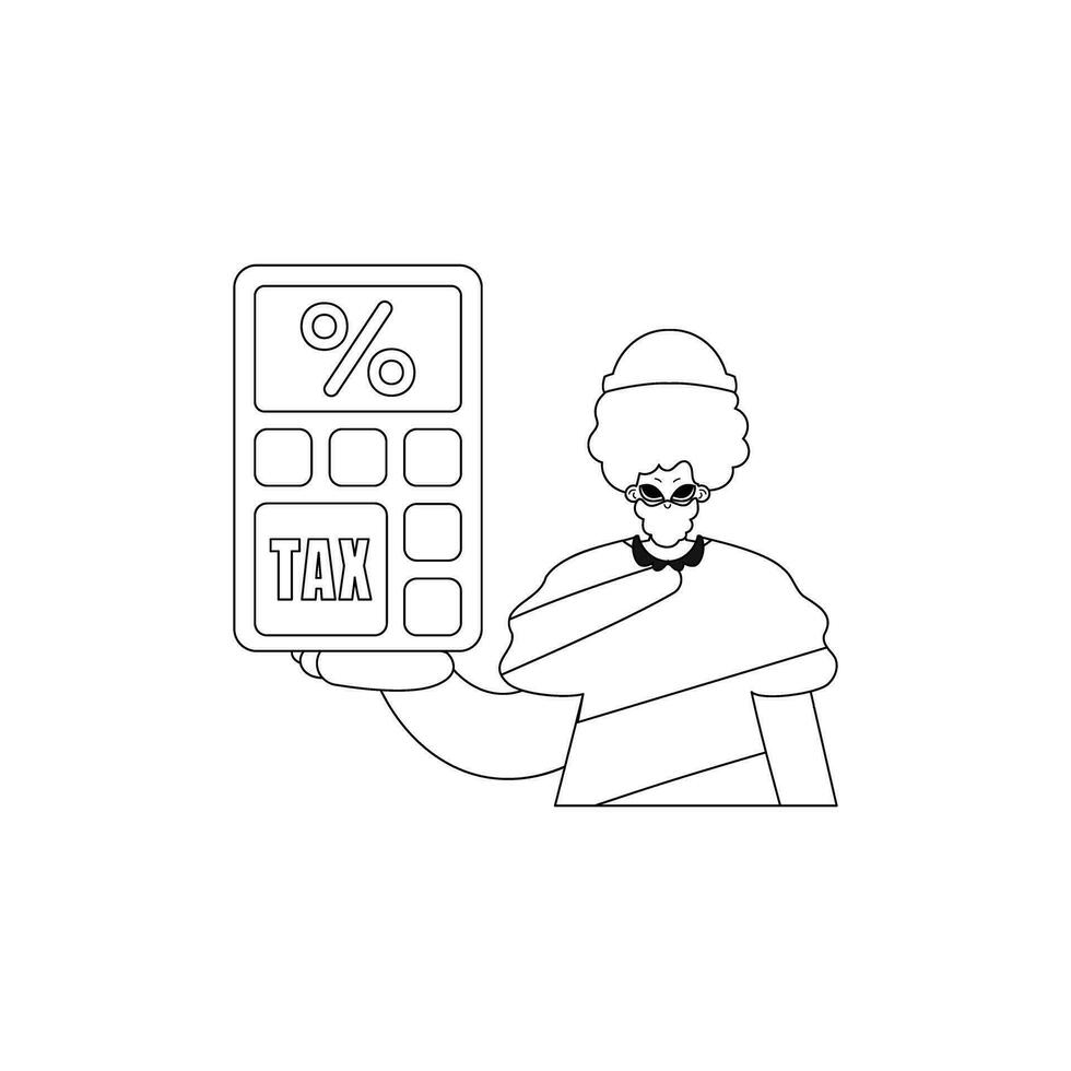 Man holds a calculator. Linear drawing. Vector illustration.