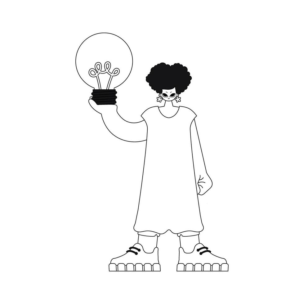 Girl holds light bulb, symbolizing ideas. Simple, linear vector illustration.