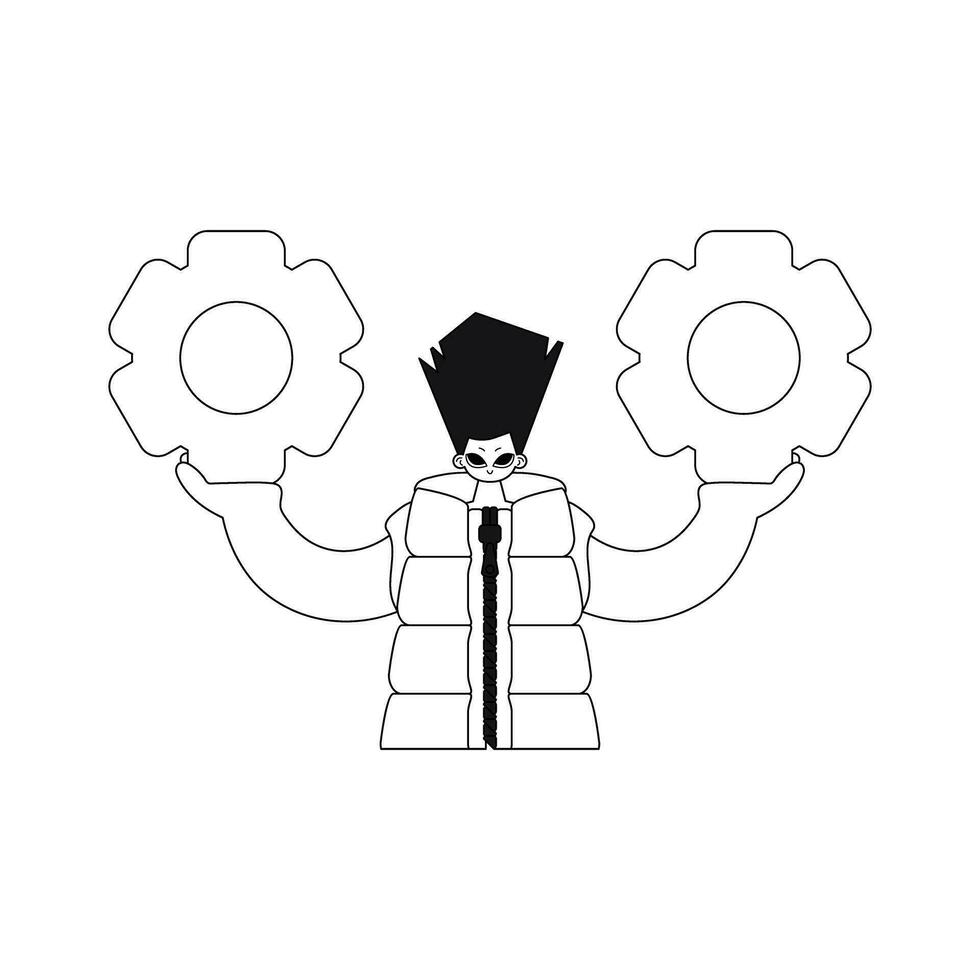 He grasps gears in his hands. Linear style. Vector illustration.
